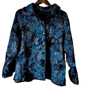 Women’s Button-Down Shirt Jacket Blue Black Tapestry Glitter Floral Size XL